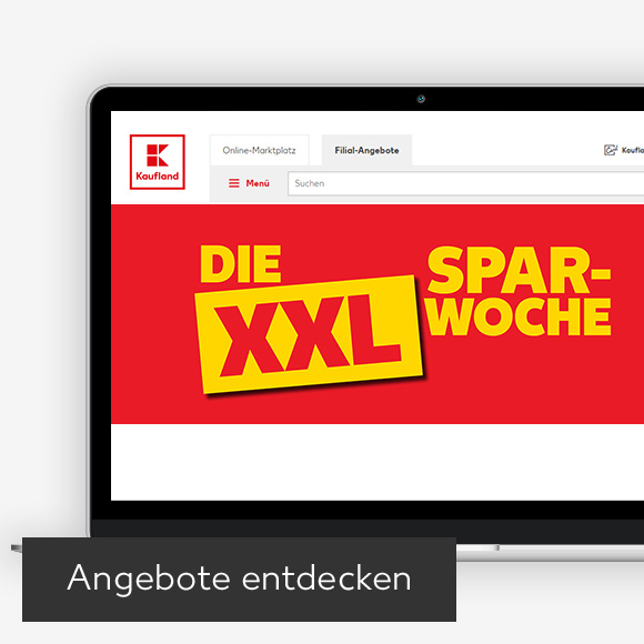 Abbildung: Laptop zeigt die XXL-Sparwoche auf Kaufland-Webseite; Button: Angebote entdecken