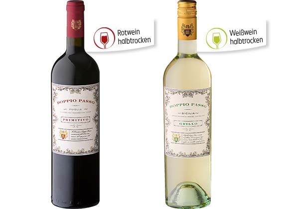 DOPPIO PASSO Primitivo IGT oder Grillo DOC; Fähnchen an der jeweiligen Flasche: Rotwein halbtrocken, Weißwein halbtrocken