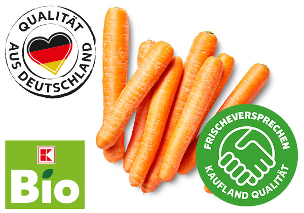 Dtsch. Bio-Möhren; Logo: K-BIO; Logo: FRISCHEVERSPRECHEN KAUFLAND QUALITÄT; Logo: QUALITÄT AUS DEUTSCHLAND