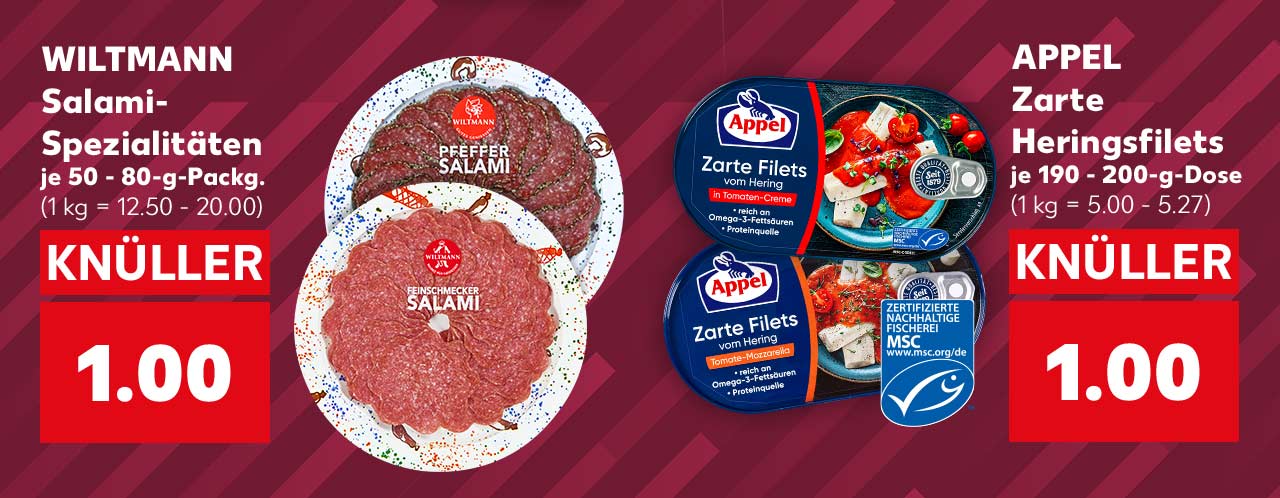WILTMANN Salami-Spezialitäten, versch. Sorten, je 50 - 80-g-Packg. für 1.00 Euro (1 kg = 12.50 - 20.00); APPEL Zarte Heringsfilets, in versch. Cremes, je 190 - 200-g-Dose für 1.00 Euro (1 kg = 5.00 - 5.27); Logo: MSC-zertifizierte nachhaltige Fischerei