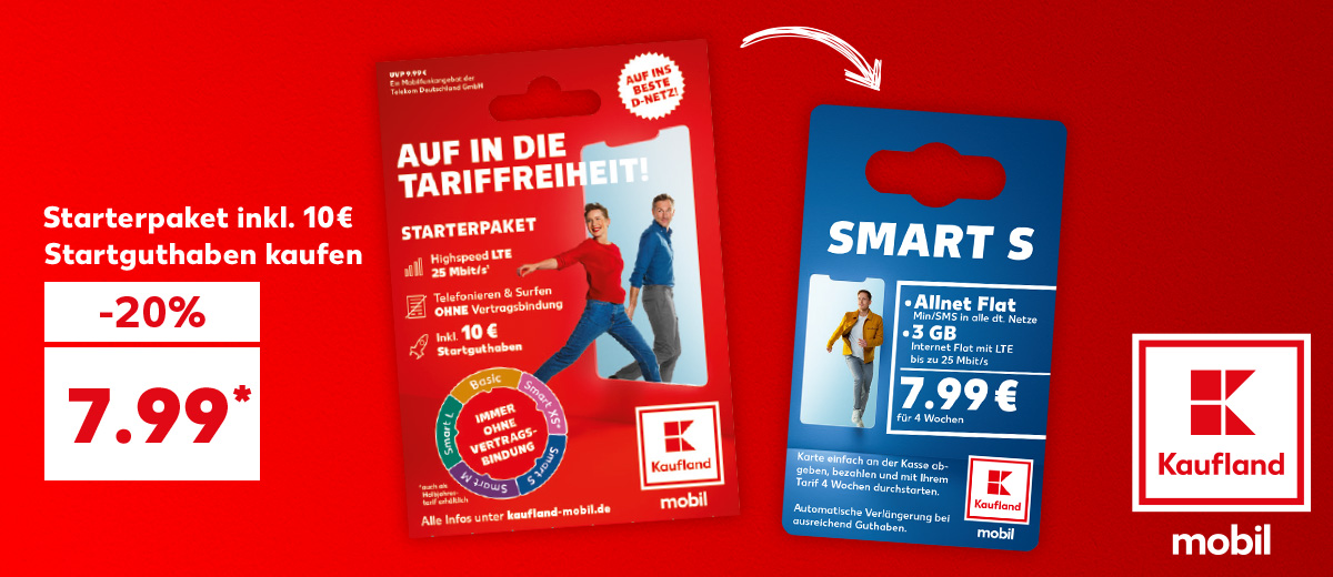 Logo: Kaufland mobil; Starterpaket inkl. 10€ Startguthaben kaufen für 7.99 Euro*; Abbildung: Starterpaket und SMART S Tarif