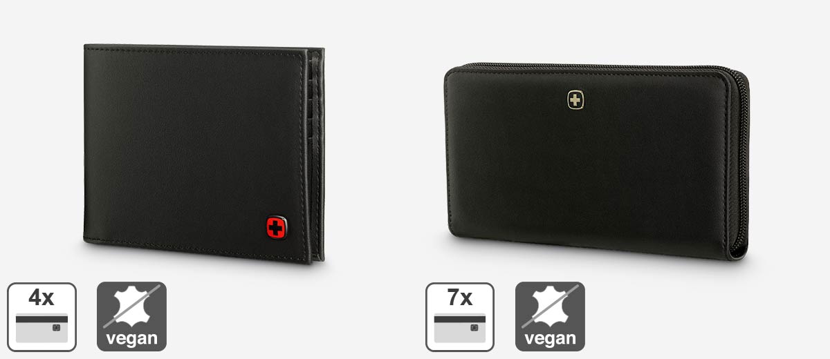 Produktabbildungen: Geldbörse Herren, Icon: 4 Einschubfächer; Icon: Vegan; Geldbörse Damen, Icon: 7 Einschubfächer; Icon: Vegan 