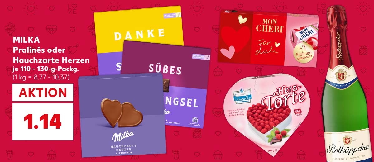 MILKA Pralinés oder Hauchzarte Herzen, versch. Sorten, je 110 - 130-g-Packg. für 1.14 Euro (1 kg = 8.77 - 10.37); Weitere Produktabbildungen: MON CHÉRI Pralinen mit Alkoholfüllung, CRISTALLO Herztorte Himbeer, ROTKÄPPCHEN Sekt
