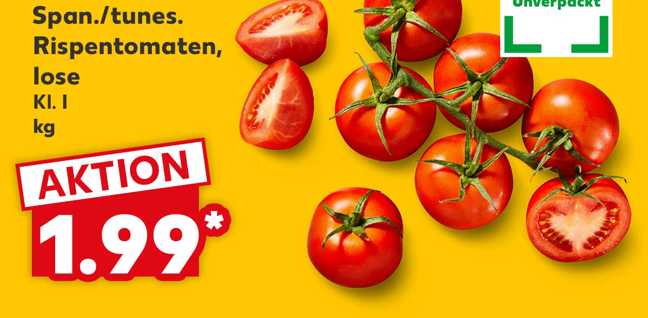 Logo: FRISCHEVERSPRECHEN KAUFLAND QUALITÄT, Span./tunes. Rispentomaten, lose, Kl. I, kg für 1.99 Euro*; Logo: Unverpackt