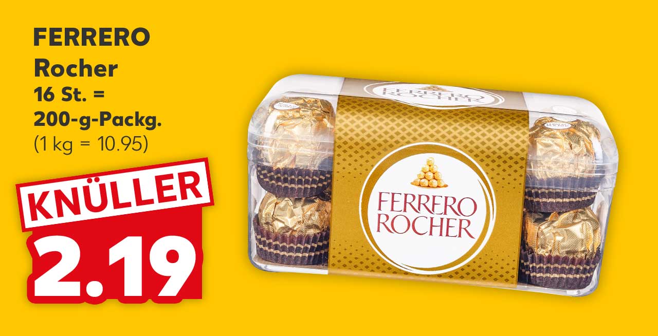 FERRERO Rocher, 16 St. = 200-g-Packg. für 2.19 Euro (1 kg = 10.95)