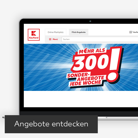 Abbildung: Laptop zeigt Knüllerangebote auf Kaufland-Webseite; Button: Angebote entdecken