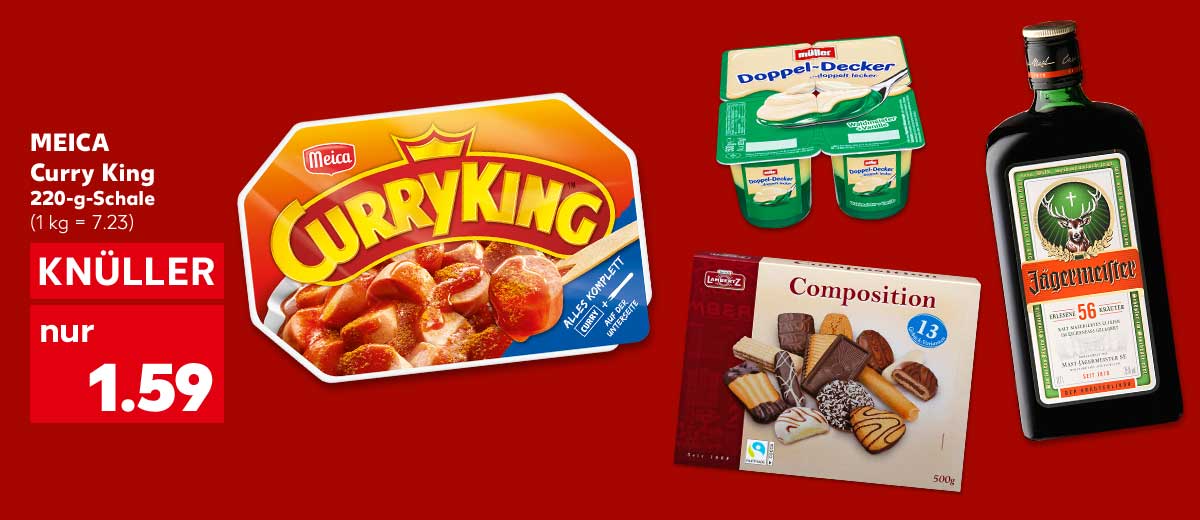 MEICA Curry King, 220-g-Schale für 1.59 Euro (1 kg = 7.23); Weitere Produktabbildungen: MÜLLER Doppel-Decker oder Wackelpudding, LAMBERTZ Composition Gebäckmischung, JÄGERMEISTER Kräuterlikör