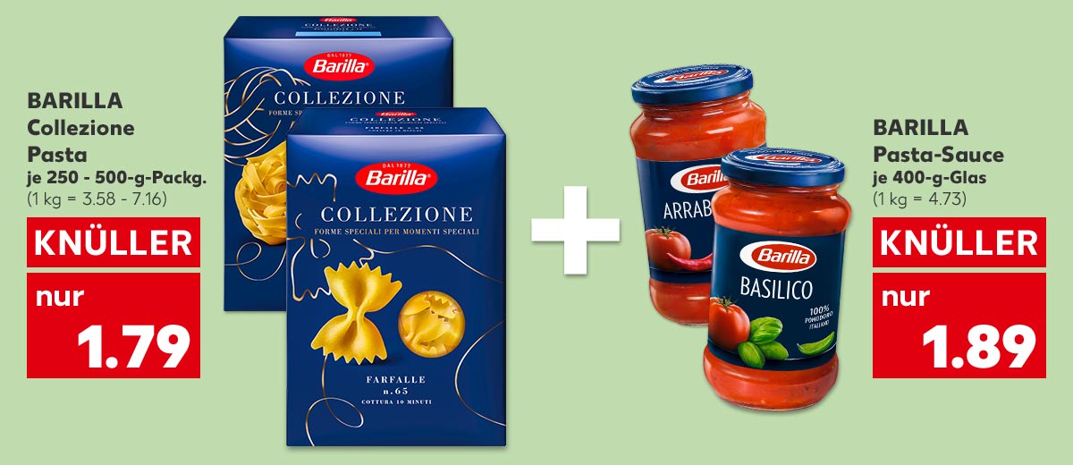 BARILLA Collezione Pasta, versch. Sorten, je 250 - 500-g-Packg. für 1.79 (1 kg = 3.58 -7.16); Störer: +; BARILLA Pasta-Sauce, versch. Sorten, je 400-g-Glas für 1.89 Euro (1 kg = 4.73)