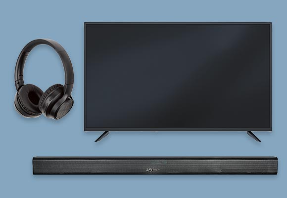 Produktabbildungen: SWITCH ON® Bluetooth-Kopfhörer »SKSO 16 A1«, JTC UHD-Smart-TV »S43U34300VJK«, JAYTECH Bluetooth-Soundbar »SB1840«