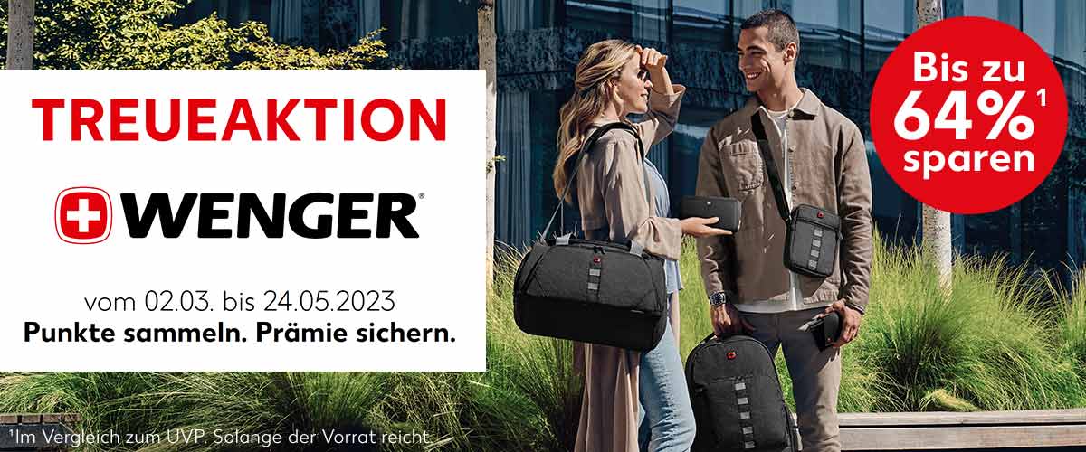 TREUEAKTION WENGER, vom 02.03.2023 bis 24.05.2023; Punkte sammeln. Prämie sichern.; Störer: Bis zu 64%¹ sparen; Abbildung: Frau und Mann tragen Taschen von Wenger