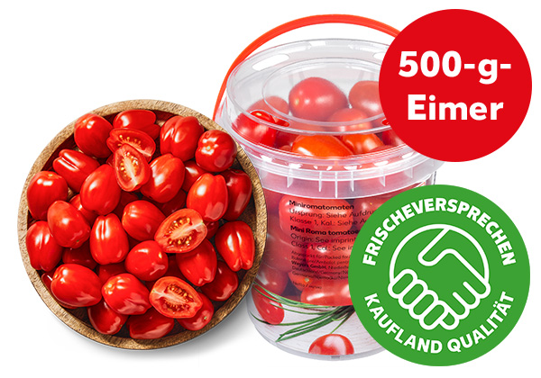 Marokk. Miniromatomaten; Störer: 500-g-Eimer; Logo: FRISCHEVERSPRECHEN KAUFLAND QUALITÄT