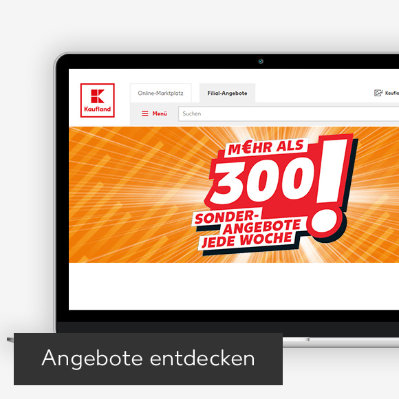 Abbildung: Laptop zeigt Sonderangebote auf Kaufland-Webseite; Button: Angebote entdecken