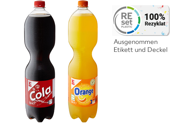 K-CLASSIC Cola, Cola-Mix oder Limonade, versch. Sorten; Logo: REset 100% Rezyklat; Ausgenommen Etikett und Deckel.