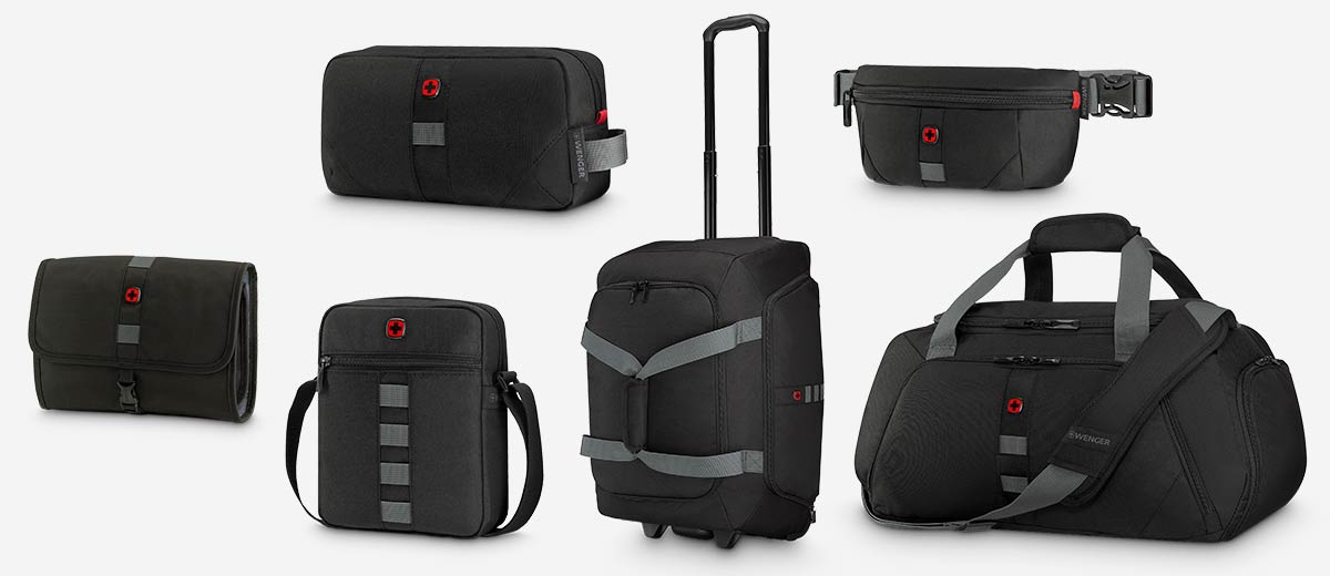 Produktabbildungen: Rolltop-Rucksack, Umhängetasche, Kulturtasche, Reisetasche mit Rollen, Gürteltasche, Reise- und Sporttasche 