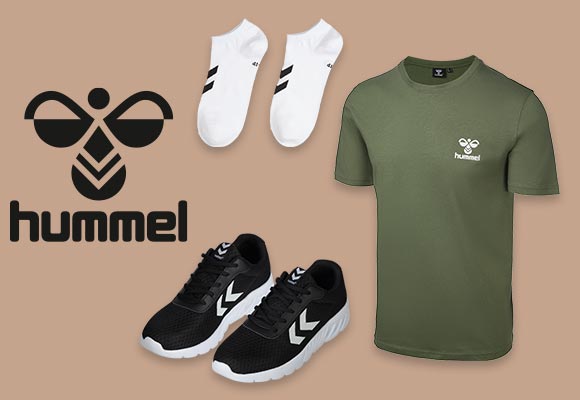Logo: hummel; Produktabbildungen: Sneaker- oder Sportsocken, T-Shirt, Schuhe