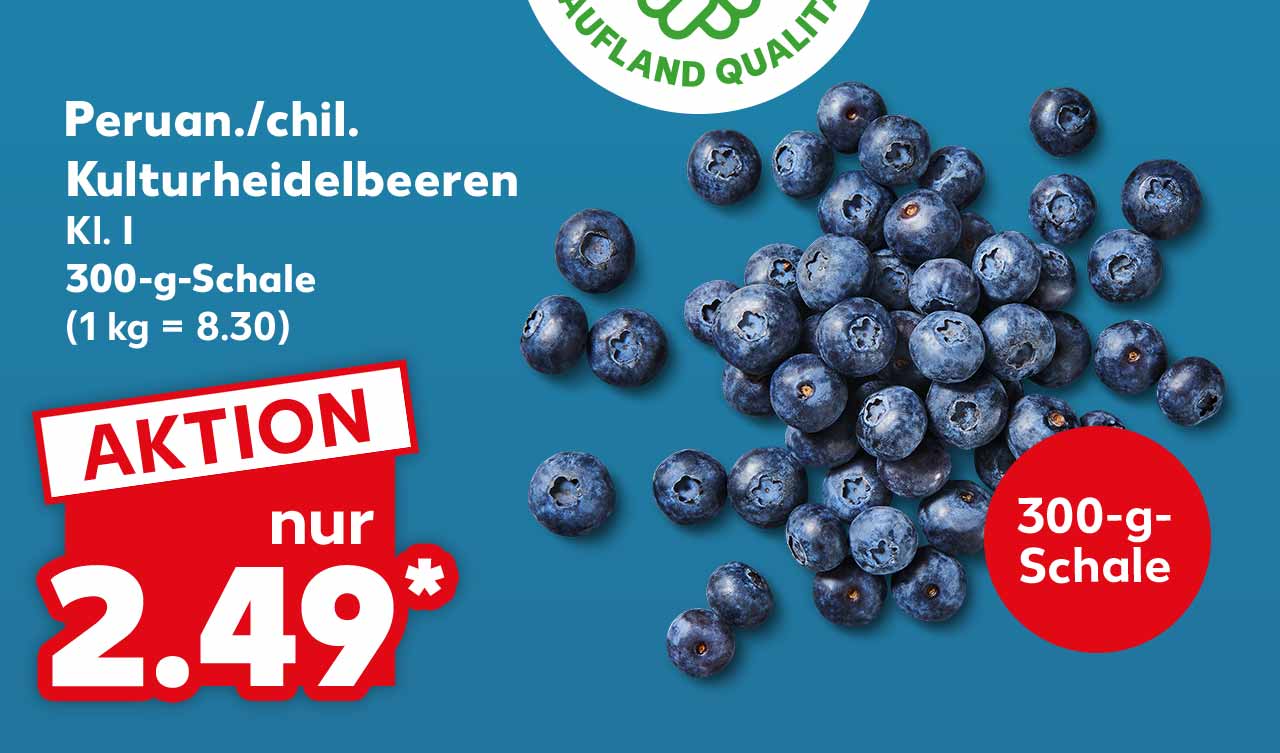 Logo: FRISCHEVERSPRECHEN KAUFLAND QUALITÄT, Peruan./chil. Kulturheidelbeeren, Kl. I, 300-g-Schale für 2.49 Euro* (1 kg = 8.30); Störer: 300-g-Schale