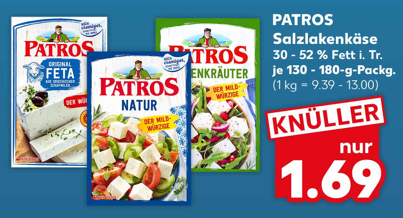 PATROS Salzlakenkäse, versch. Sorten, 30 - 52 % Fett i. Tr., je 130 - 180-g-Packg. für 1.69 Euro (1 kg = 9.39 - 13.00)