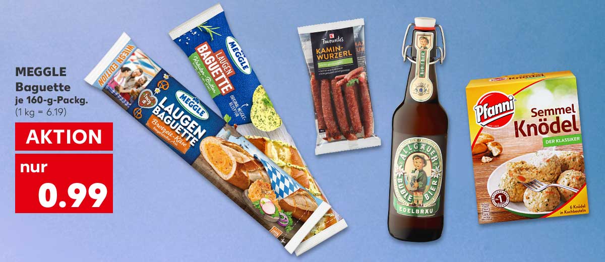 MEGGLE Baguette, versch. Sorten, je 160-g-Packg. für 0.99 Euro (1 kg = 6.19); Weitere Produktabbildungen: K-FAVOURITES Kaminwurzel, ALLGÄUER BÜBLE BIER Edelbräu, PFANNI Knödel oder Klöße