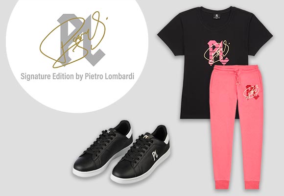 Logo: Signature Edition by Pietro Lombardi; Produktabbildungen: SIGNATURE EDITION BY PIETRO LOMBARDI Damen-Sweathose; SIGNATURE EDITION BY PIETRO LOMBARDI Damen oder Herren-T-Shirt; SIGNATURE EDITION BY PIETRO LOMBARDI Damen- oder Herren-Sportschuhe 