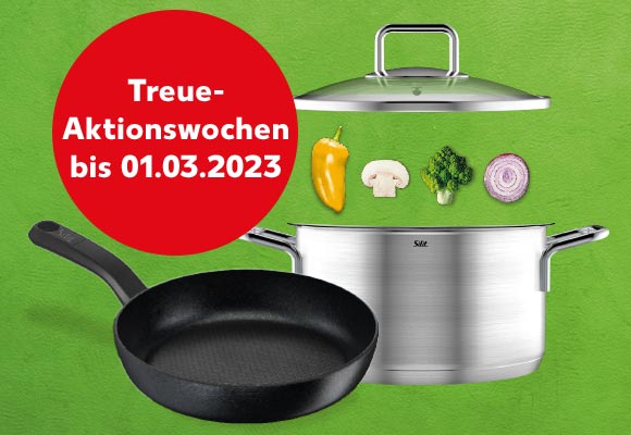 Abbildung: COLLEXIO Kochtopf und COLLEXIO Pfanne; Störer: Treue-Aktionswochen bis 01.03.2023