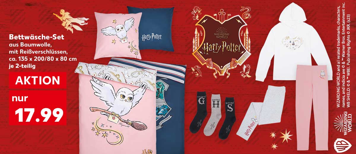 Logo: Harry Potter; Bettwäsche-Set aus Baumwolle, mit Reißverschlüssen, ca. 135 x 200/80 x 80 cm, je 2-teilig für 17.99 Euro; Weitere Produktabbildungen: Kinder-Socken, Kinder-Leggings, Damen- oder Herren-Sweathoodie