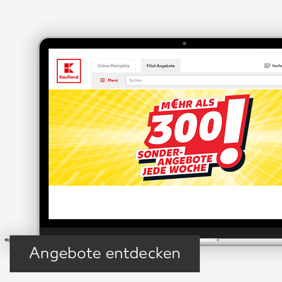 Abbildung: Laptop zeigt Sonderangebote auf Kaufland-Webseite; Button: Angebote entdecken