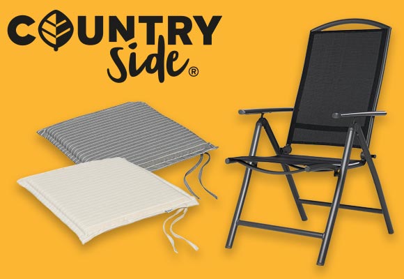 Logo: COUNTRYSIDE®; Produktabbildungen: COUNTRYSIDE Sitzkissen, COUNTRYSIDE Klappstuhl