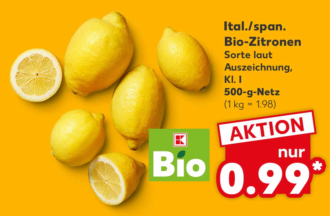 Ital./span. Bio-Zitronen, Sorte laut Auszeichnung, Kl. I, 500-g-Netz für 0.99 Euro* (1 kg = 1.98); Logo: K-Bio