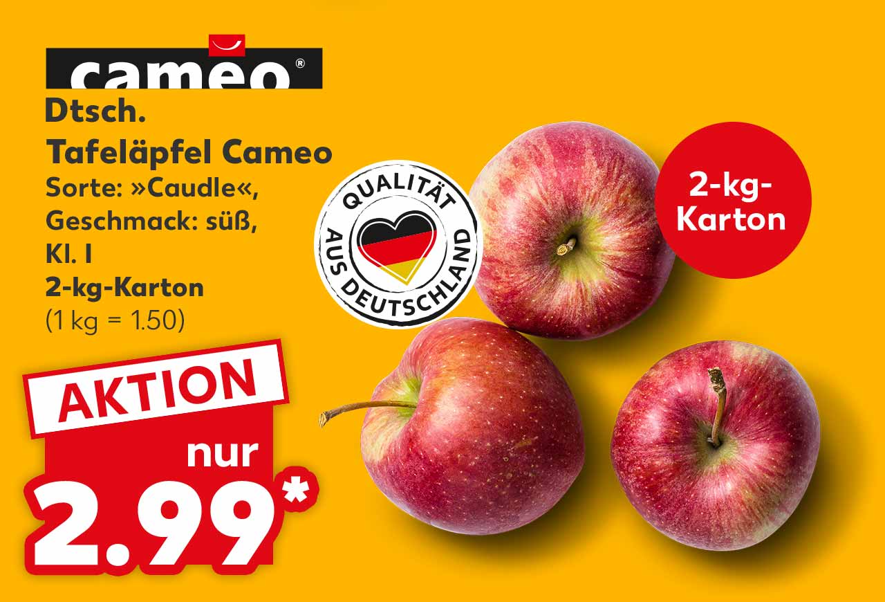 Logo: cameo; Dtsch. Tafeläpfel Cameo, Sorte: »Caudle«, Geschmack: süß, Kl. I, 2-kg-Karton für 2.99 Euro* (1 kg = 1.50); Logo: QUALITÄT AUS DEUTSCHLAND; Störer: 2-kg-Karton
