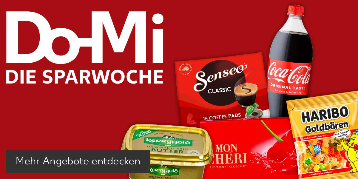 Schriftzug: Do-Mi DIE SPARWOCHE; Produktabbildungen: KERRYGOLD Butter oder Extra, SENSEO Kaffeepads, MON CHÉRI Pralinen mit Alkoholfüllung, COCA-COLA, FANTA, SPRITE oder MEZZO MIX, HARIBO Fruchtgummis oder Lakritz; Button: Mehr Angebote entdecken