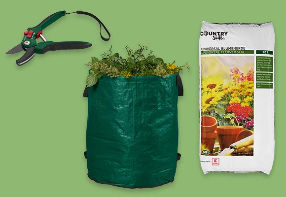 Produktabbildungen: PARKSIDE Gartenscheren, PARKSIDE Gartensack, COUNTRYSIDE® Universal-Blumenerde