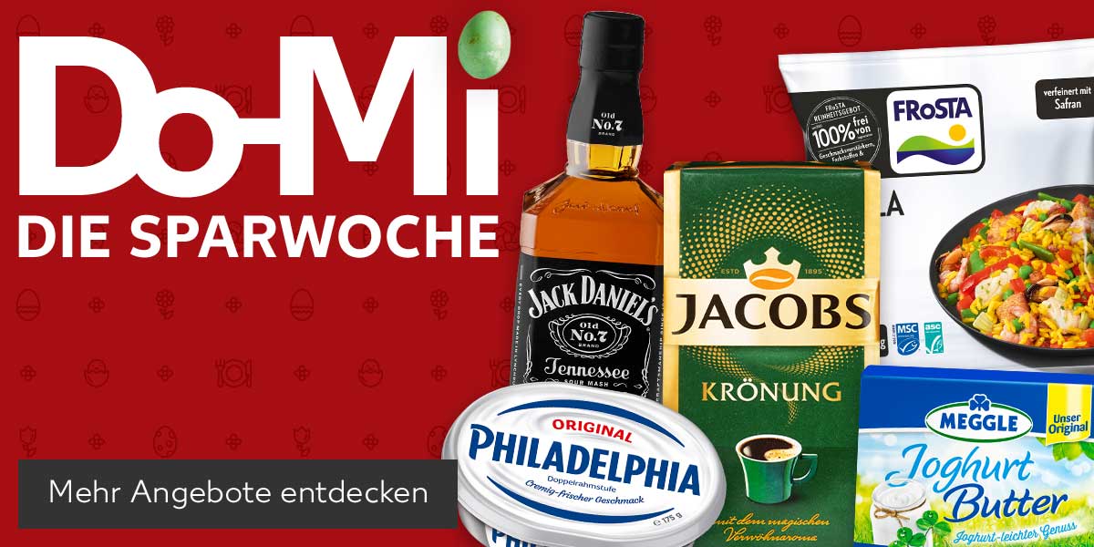 Schriftzug: Do-Mi DIE SPARWOCHE; Produktabbildungen: JACK DANIEL'S Tennessee-Whiskey, PHILADELPHIA Frischkäsezubereitung, JACOBS Krönung oder CAFÉ HAG Kaffee, FROSTA Fertiggerichte, MEGGLE Joghurt- oder Feine Butter ; Button: Mehr Angebote entdecken