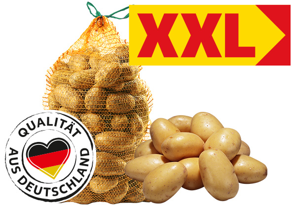 Dtsch. Speisekartoffeln; Logo: QUALITÄT AUS DEUTSCHLAND; Störer: XXL