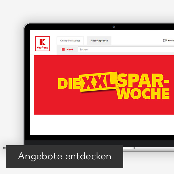 Abbildung: Laptop zeigt XXL-Sparwoche-Angebote auf Kaufland-Webseite; Button: Angebote entdecken
