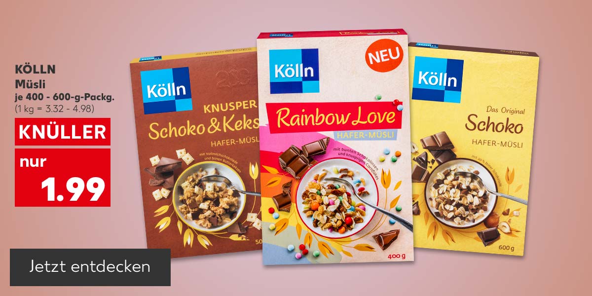 KÖLLN Müsli, versch. Sorten, je 400 - 600-g-Packg. für 1.99 Euro (1 kg = 3.32 - 4.98); Button: Jetzt entdecken