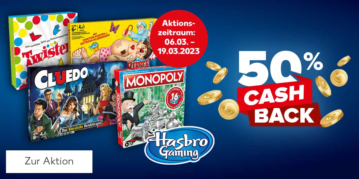 Abbildung: Geldmünzen; Schriftzug: 50% CASHBACK; Logo: Hasbro Gaming; Produktabbildungen: Twister, Doctor Bibber, Cluedo, Monopoly; Störer: Aktionszeitraum: 06.03. - 19.03.2023; Button: Zur Aktion