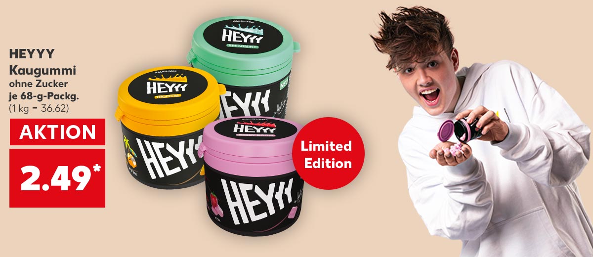 HEYYY Kaugummi, versch. Sorten, ohne Zucker, je 68-g-Packg. für 2.49 Euro* (1 kg = 36.62); Störer: Limited Edition; Abbildung: Influencer Hey Moritz mit seinem Heyyy Kaugummi
