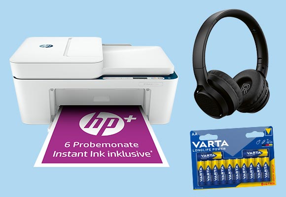 Produktabbildungen: HP All-in-One Drucker »Deskjet Plus 4130e«, SWITCH ON® Bluetooth-Kopfhörer »SKSO 16 A1«, VARTA Batterien
