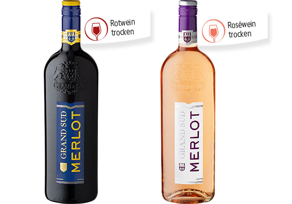 GRAND SUD Merlot, Merlot Rosé, Chardonnay oder Grenache, versch. Sorten; Fähnchen an der jeweiligen Flasche: Rotwein trocken, Roséwein trocken