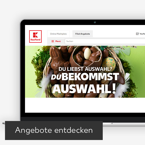 Abbildung: Laptop zeigt Osterangebote auf Kaufland-Webseite; Button: Angebote entdecken