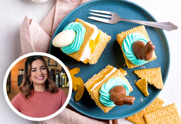 Rezept: Aprikosen-Mandarinenschnitten mit Osternestern; Abbildung: Backexpertin Kiki von Kikis Kitchen