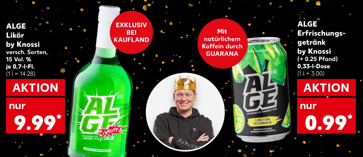 Hintergrund: Schwarz mit Konfetti; Produktabbildungen: ALGE Likör by Knossi, versch. Sorten, 15 Vol. %, je 0,7-l-Fl. für 9.99 Euro* (1 l = 14.28); Störer: EXKLUSIV BEI KAUFLAND; ALGE Erfrischungsgetränk by Knossi, (+ 0.25 Pfand), 0,33-l-Dose für 0.99 Euro* (1 l = 3.00); Störer: Mit natürlichem Koffein durch GUARANA; Abbildung: Knossi mit Krone