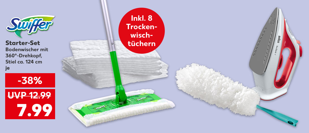 Logo: Swiffer; Produktabbildung: SWIFFER Starter-Set, Bodenwischer mit 360°-Drehkopf, Stiel ca. 124 cm, je für 7.99 Euro (UVP 12.99 Euro); Störer: Inkl. 8 Trockenwischtüchern; Weitere Produktabbildungen: LEIFHEIT Staubwedel »Duster XL«, BRAUN Dampfbügeleisen »SI 1019.RD«