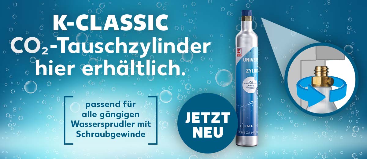 Schriftzug: K-CLASSIC CO₂-Tauschzylinder hier erhältlich. Störer: passend für alle gängigen Wassersprudler mit Schraubgewinde; Störer: JETZT NEU; Produktabbildungen: K-CLASSIC Tauschzylinder; Vergrößerte Abbildung: Schraubgewinde Tauschzylinder