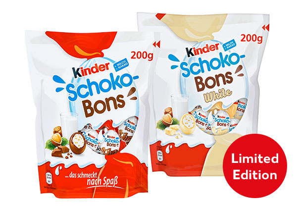 KINDER Schoko-Bons, versch. Sorten; Störer an Schoko Bons White: Limited Edition