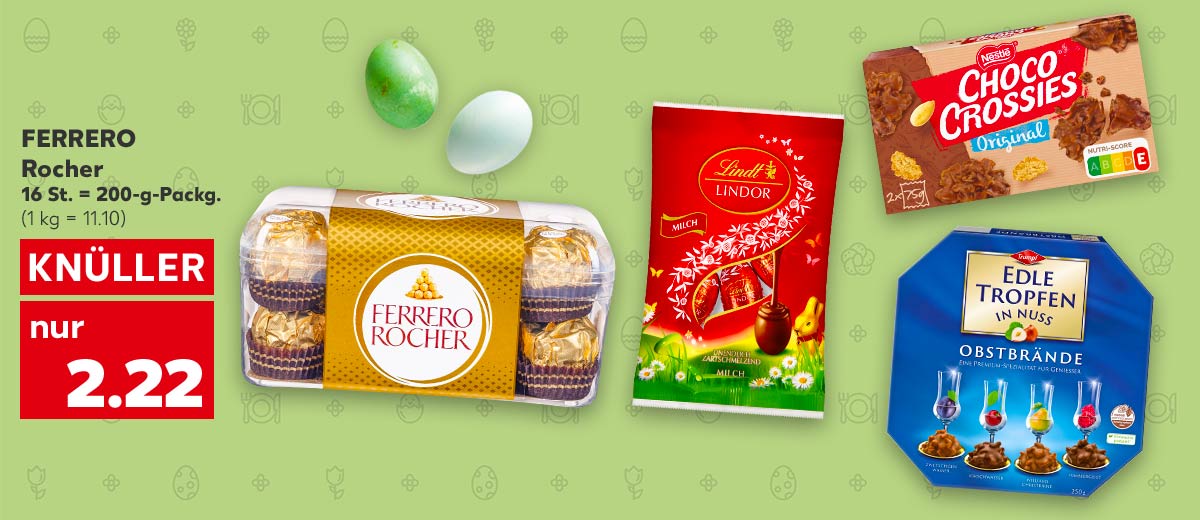 FERRERO Rocher, 16 St. = 200-g-Packg. für 2.22 Euro (1 kg = 11.10); Weitere Produktabbildungen: LINDT Ostereier, NESTLÉ Choco Crossies oder Choclait Chips, TRUMPF Edle Tropfen in Nuss