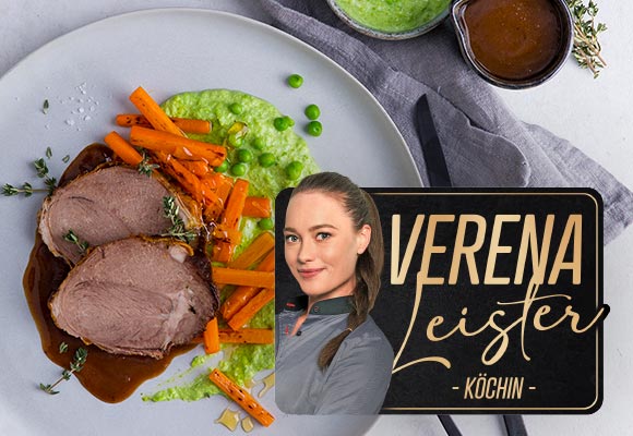 Rezept: Geschmorte Lammkeule mit Bohnenmus; Logo: VERENA Leister - Köchin -