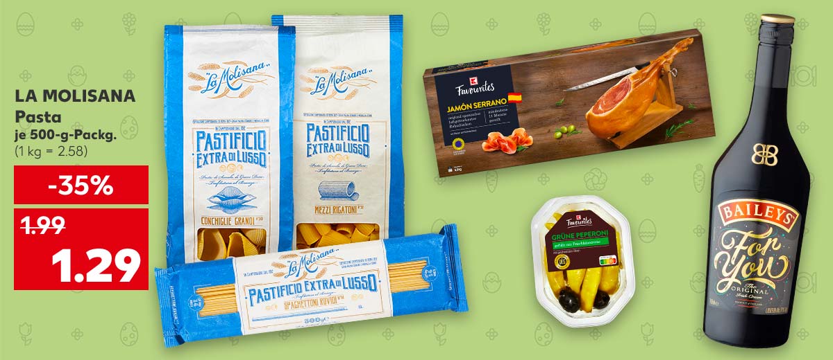 LA MOLISANA Pasta, versch. Sorten, je 500-g-Packg. für 1.29 Euro (1 kg = 2.58); Weitere Produktabbildungen: K-FAVOURITES Jamón Serrano, K-FAVOURITES Antipasti, BAILEYS Original Irish Cream Liqueur