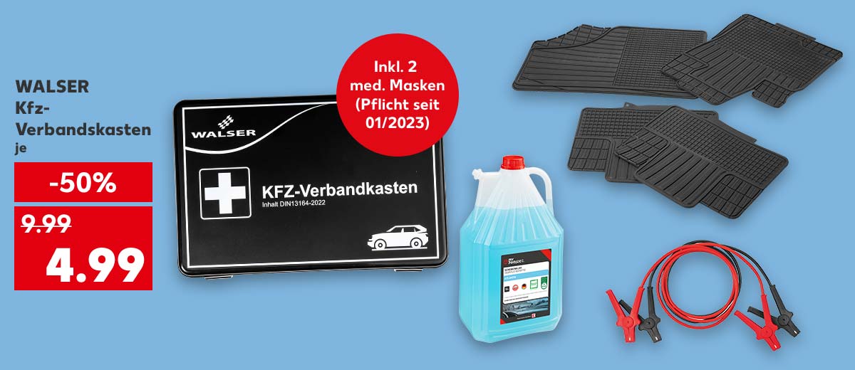 WALSER Kfz-Verbandskasten, je für 4.99 Euro; Störer: Inkl. 2 med. Masken (Pflicht seit 01/2023); Weitere Produktabbildungen: MY PROJECT® Scheibenklar, MY PROJECT® Allwetter-Autofußmatten-Set, MY PROJECT® Starthilfekabel