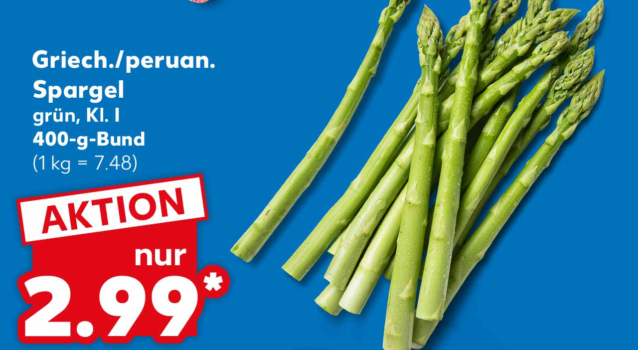 Griech./peruan. Spargel, grün, Kl. I, 400-g-Bund für 2.99 Euro* (1 kg = 7.48)